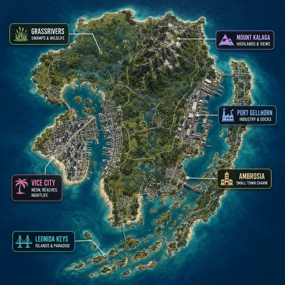 GTA 6-karta över Leonida: Vice City, Port Gellhorn, Mount Kalaga, Grassrivers, Ambrosia och Leonida Keys